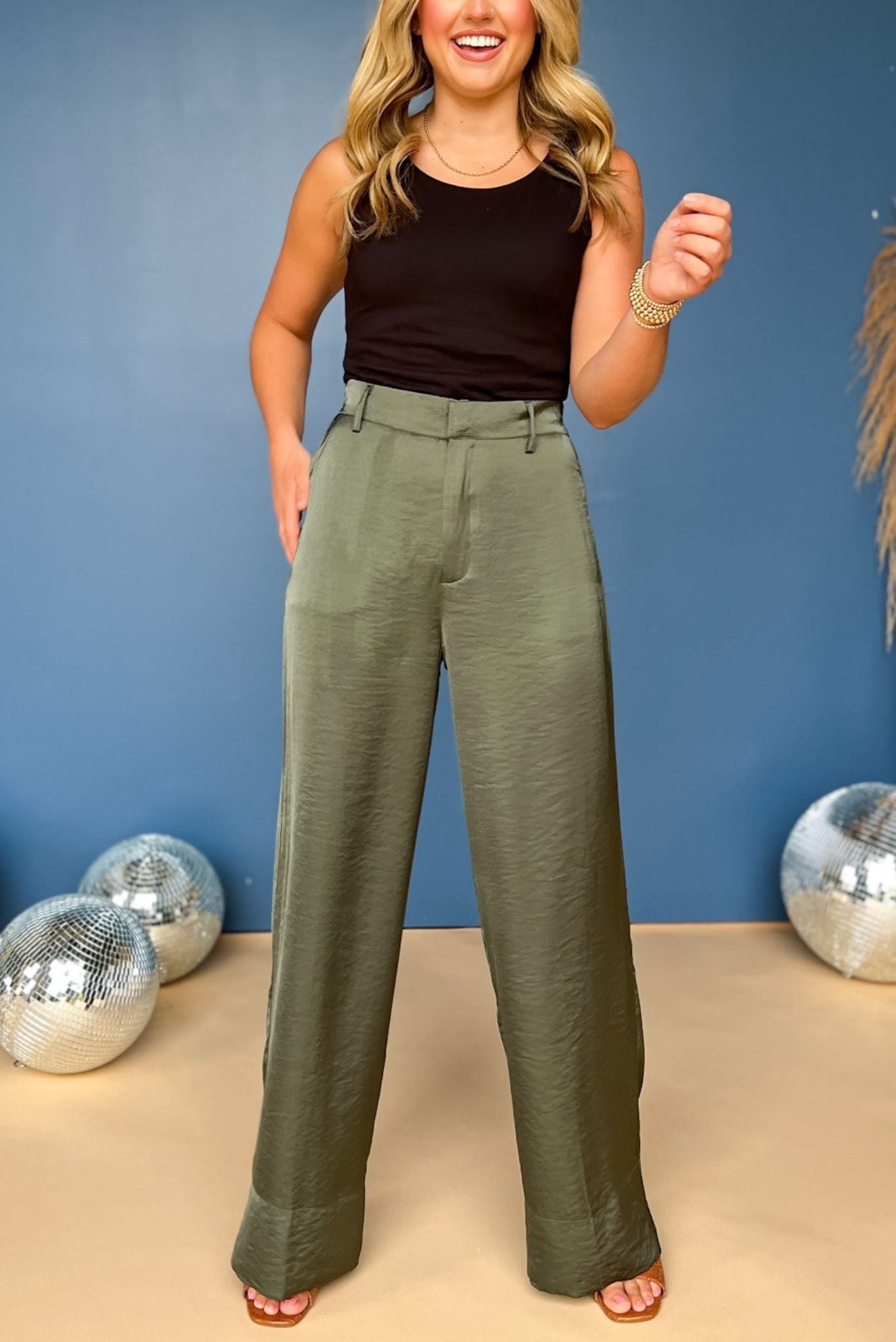 Olive Green Satin High Rise Wide Leg Trousers FINAL SALE