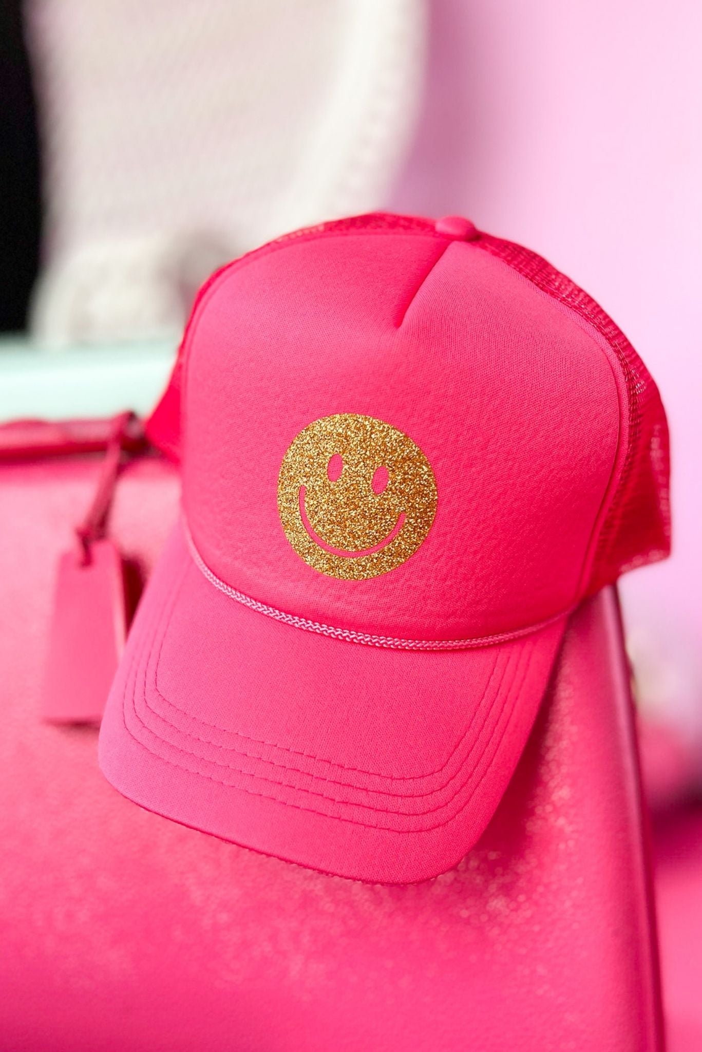  Fuchsia Glitter Smiley Trucker Hat, Trucker Hat, Accessory, Shop Style Your Senses by Mallory Fitzsimmons