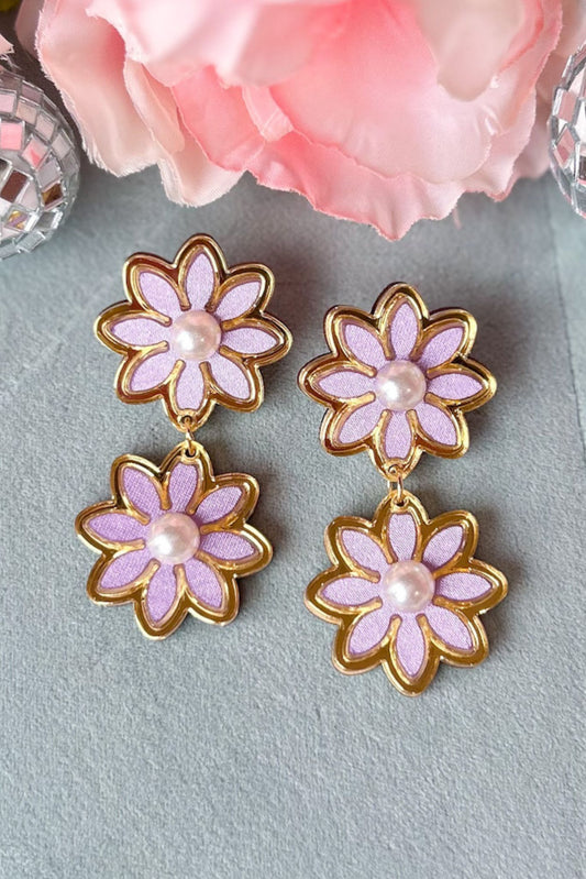 Lavender Double Daisy Pearl Accent Dangle Earrings, accessory, earrings, gold earrings, must have earrings, shop style your senses by mallory fitzsimmons, ssys by mallory fitzsimmons