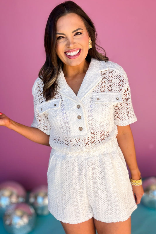  White Crochet Button Front Romper, trendy style, crochet romper, must have romper, must have style, summer style, spring fashion, elevated style, elevated romper, mom style, shop style your senses by mallory fitzsimmons, ssys by mallory fitzsimmons