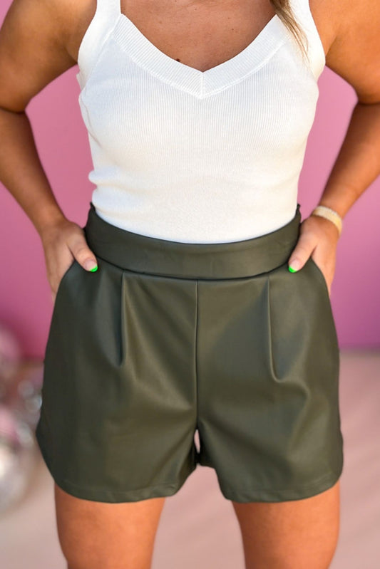  Olive Green Faux Leather Pocketed Shorts, leather shorts, must have shorts, elevated shorts, country style, country concert style, summer style, concert style, mom style, shop style your senses by mallory fitzsimmons