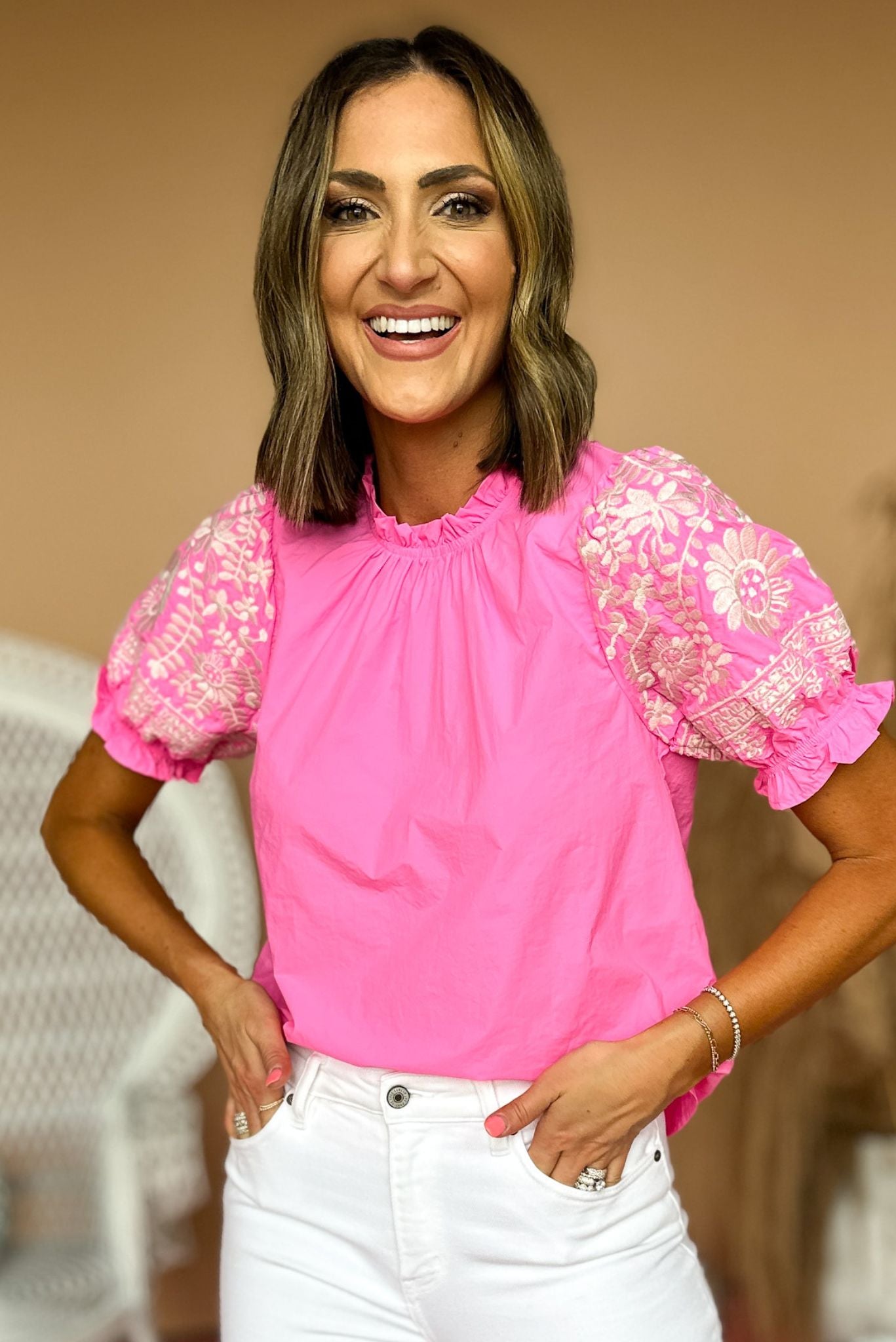 THML Pink Embroidered Puff Short Sleeve Top *FINAL SALE*
