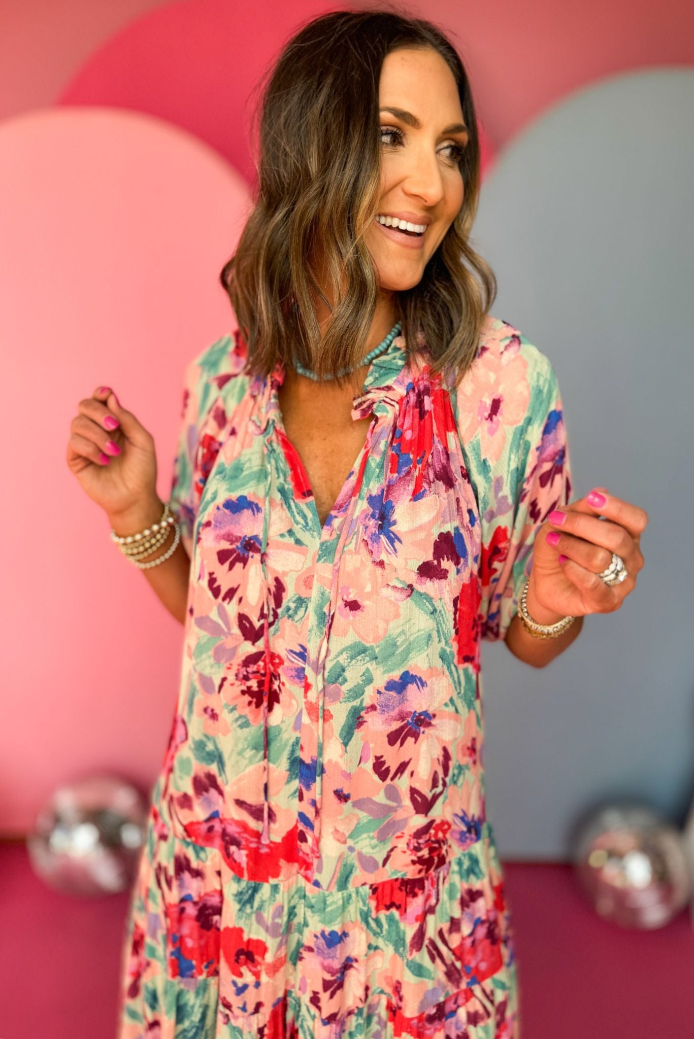 Aqua Multi Floral Frill V Neck Midi Dress, must have dress, must have style, office style, spring fashion, elevated style, elevated dress, mom style, work dress, shop style your senses by mallory fitzsimmons