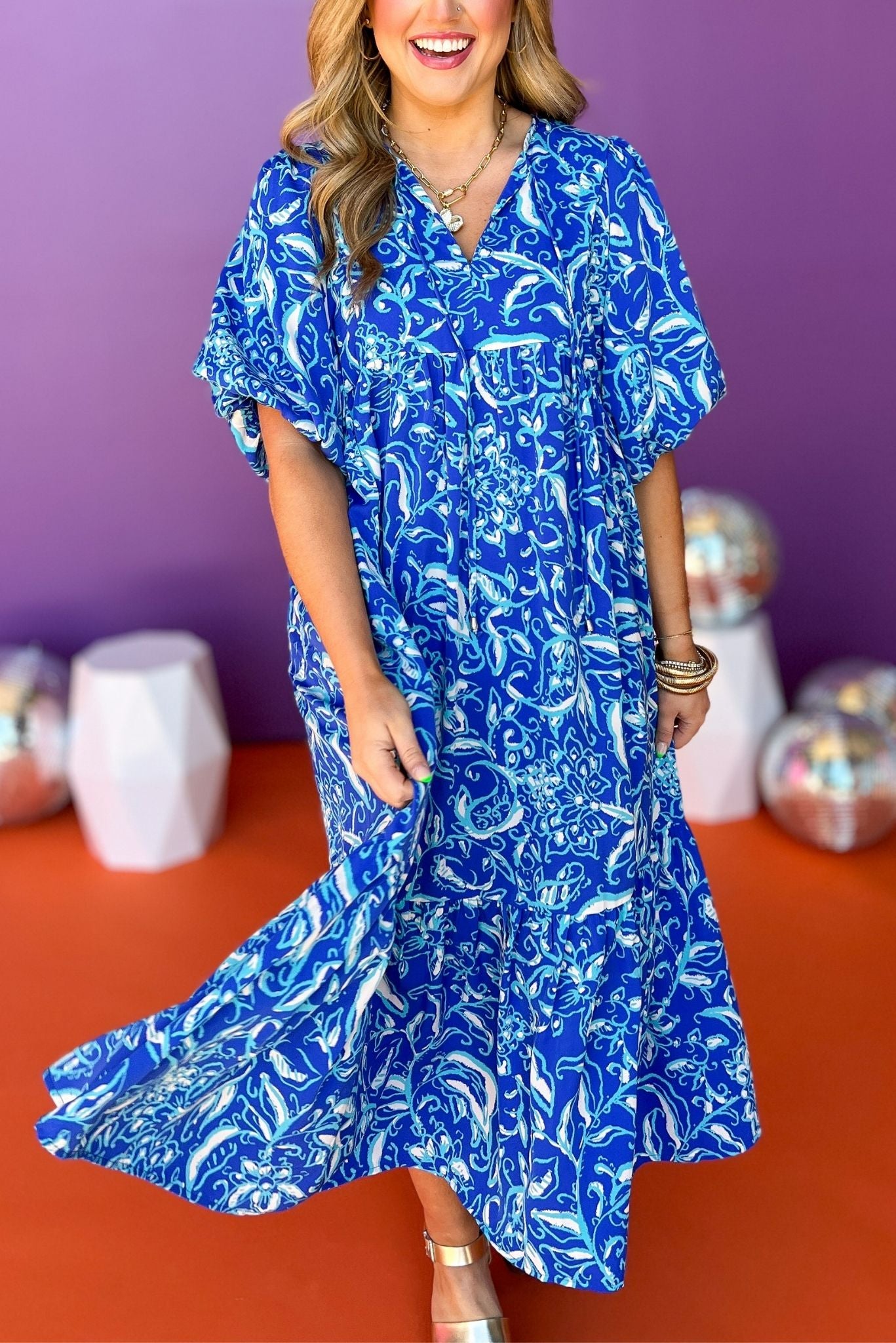 Blue Print Self-Tie Front Detail Elastic Short Sleeve Midi Dress, printed dress, paisley dress, midi dress, must have dress, must have style, church style, brunch style, spring fashion, elevated style, elevated style, mom style, shop style your senses by mallory fitzsimmons, ssys by mallory fitzsimmons  Edit alt text