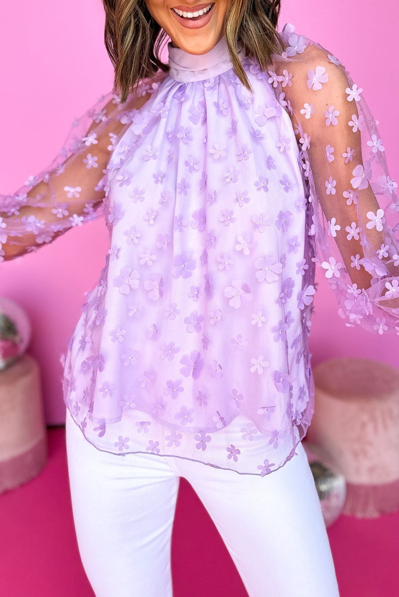 Lavender Mock Neck Floral Mesh Long Sleeve Top, high neck, neck tie, flower overlay, mesh, summer style, must have, shop style your senses by mallory fitzsimmons