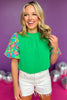 Kelly Green Frill Neck Embroidered Balloon Sleeve Top, top, balloon sleeve top, embroidered balloon sleeve top, green top, bright top, colorful top, must have top, elevated top, elevated style, summer top, summer style, Shop Style Your Senses by Mallory Fitzsimmons, SSYS by Mallory Fitzsimmons