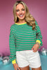 Green Knit Stripe Contrast Cuff Hem Top, top, knit top, long sleeve top, contrast cuff hem top, green top, green knit top, yellow contrast cuff sleeve, yellow contrast cuff hem, must have top, elevated top, elevated style, summer top, summer style, Shop Style Your Senses by Mallory Fitzsimmons, SSYS by Mallory Fitzsimmons