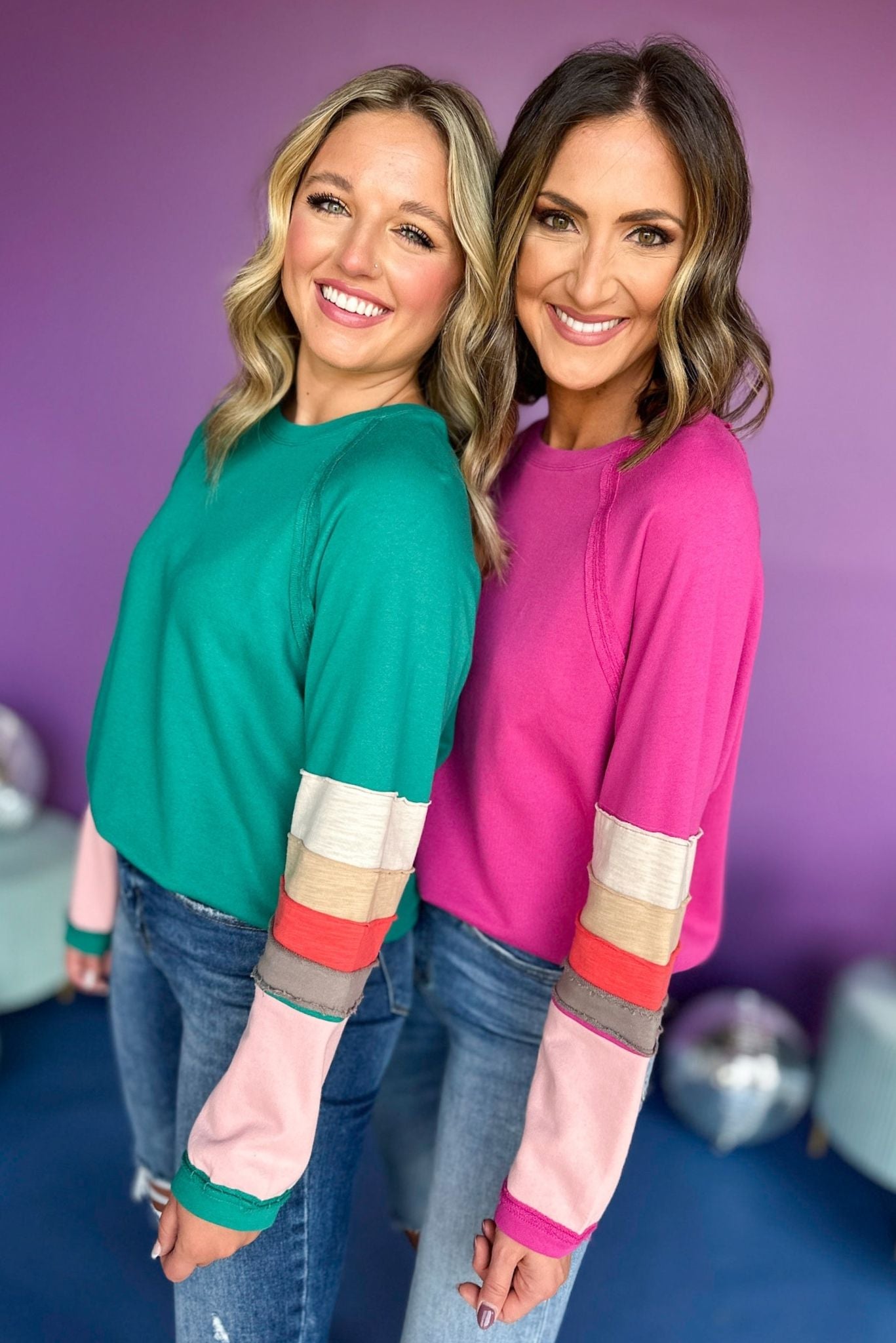 Fuchsia Crew Neck Colorblock Terry Knit Pullover, must have top, must have style, must have fall, fall collection, fall fashion, elevated style, elevated top, mom style, fall style, shop style your senses by mallory fitzsimmons