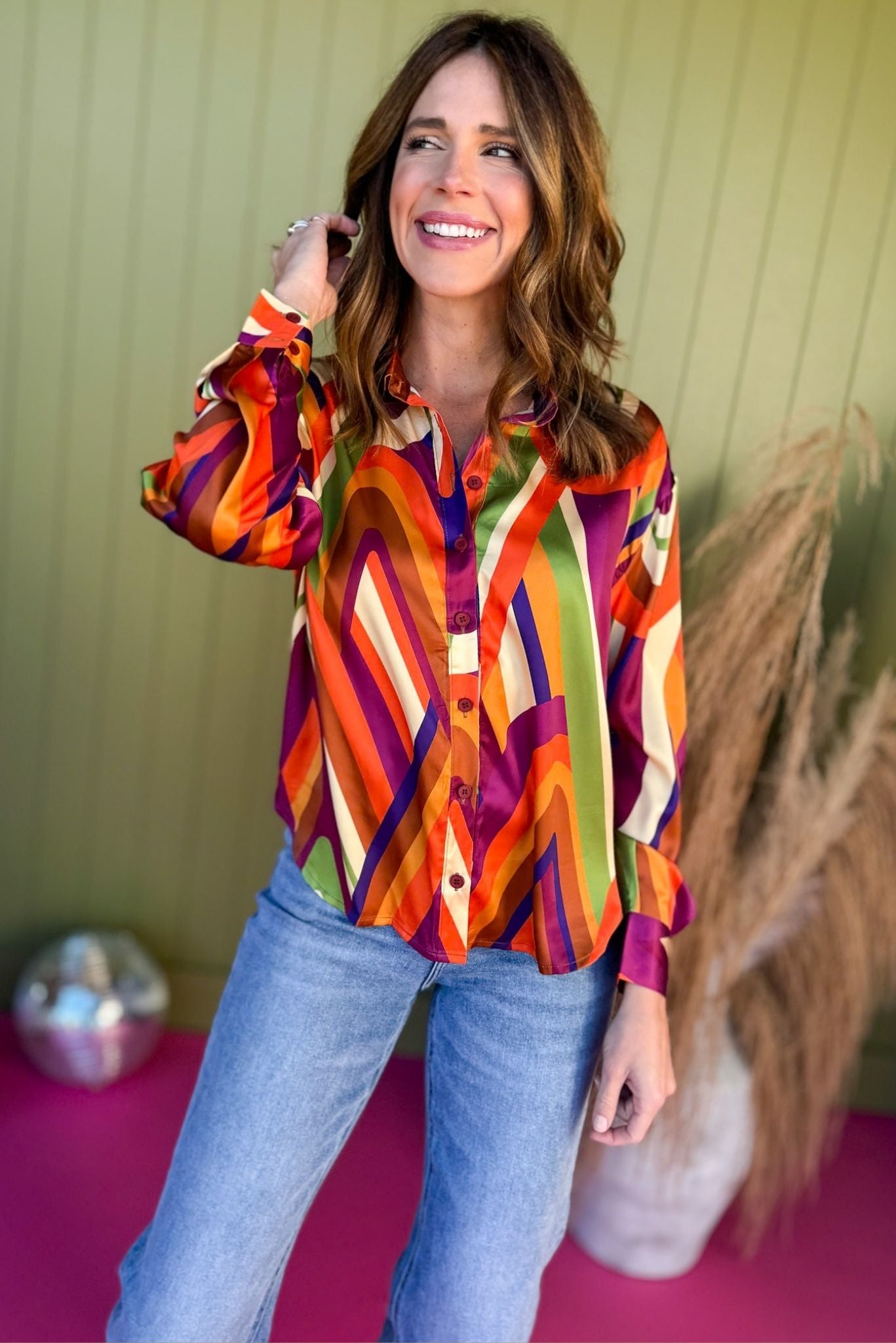 Purple Abstract Printed Button Front Long Sleeve Top, must have top, must have style, office style, winter fashion, elevated style, elevated top, mom style, work top, shop style your senses by mallory fitzsimmons