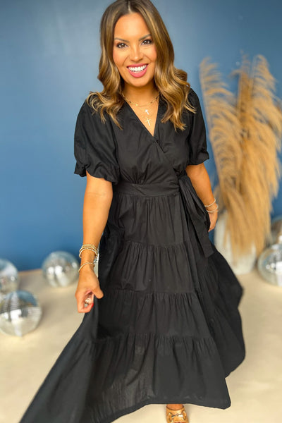 knee length dresses for ladies Black Puff Short Sleeve Wrap Midi Dress *FINAL SALE* – SSYS