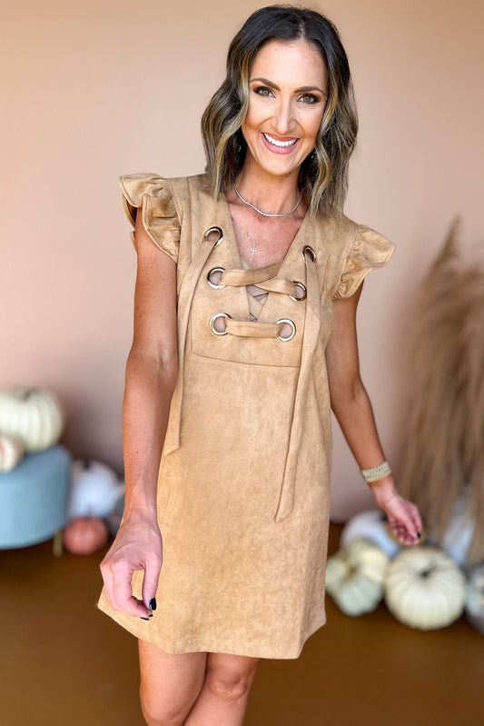  Taupe Lace Up Faux Suede Dress, must have dress, must have style, fall style, fall fashion, elevated style, elevated dress, mom style, fall collection, fall dress, shop style your senses by mallory fitzsimmons