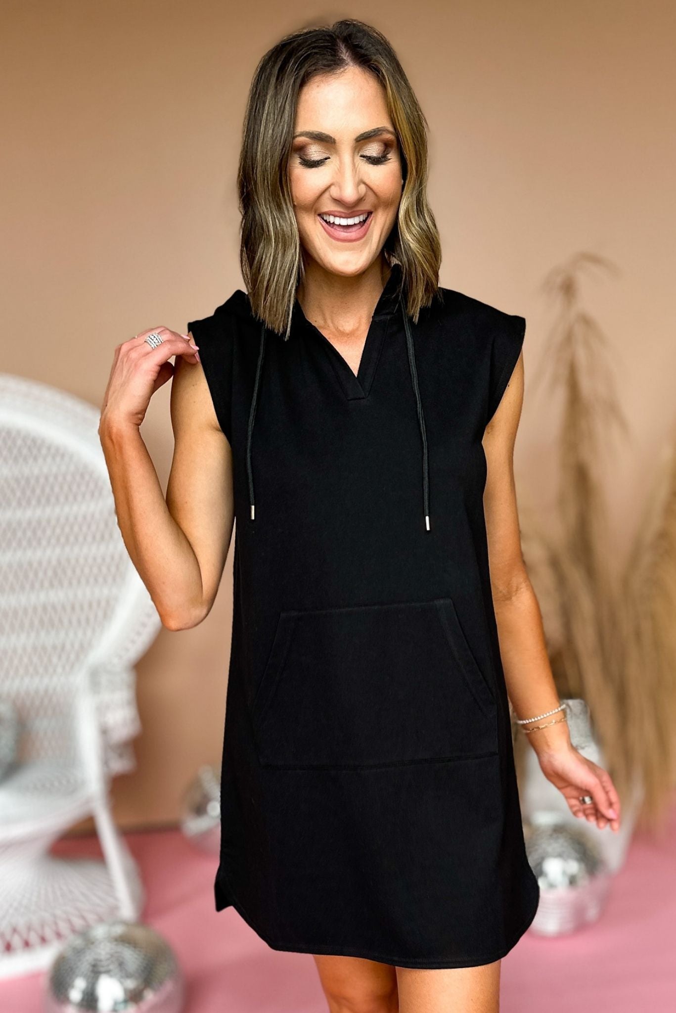 SSYS black Sleeveless Hooded Sweatshirt Dress, everyday wear, hood, front pocket, mom style, v neck, new arrival, shop style your senses by mallory fitzsimmons