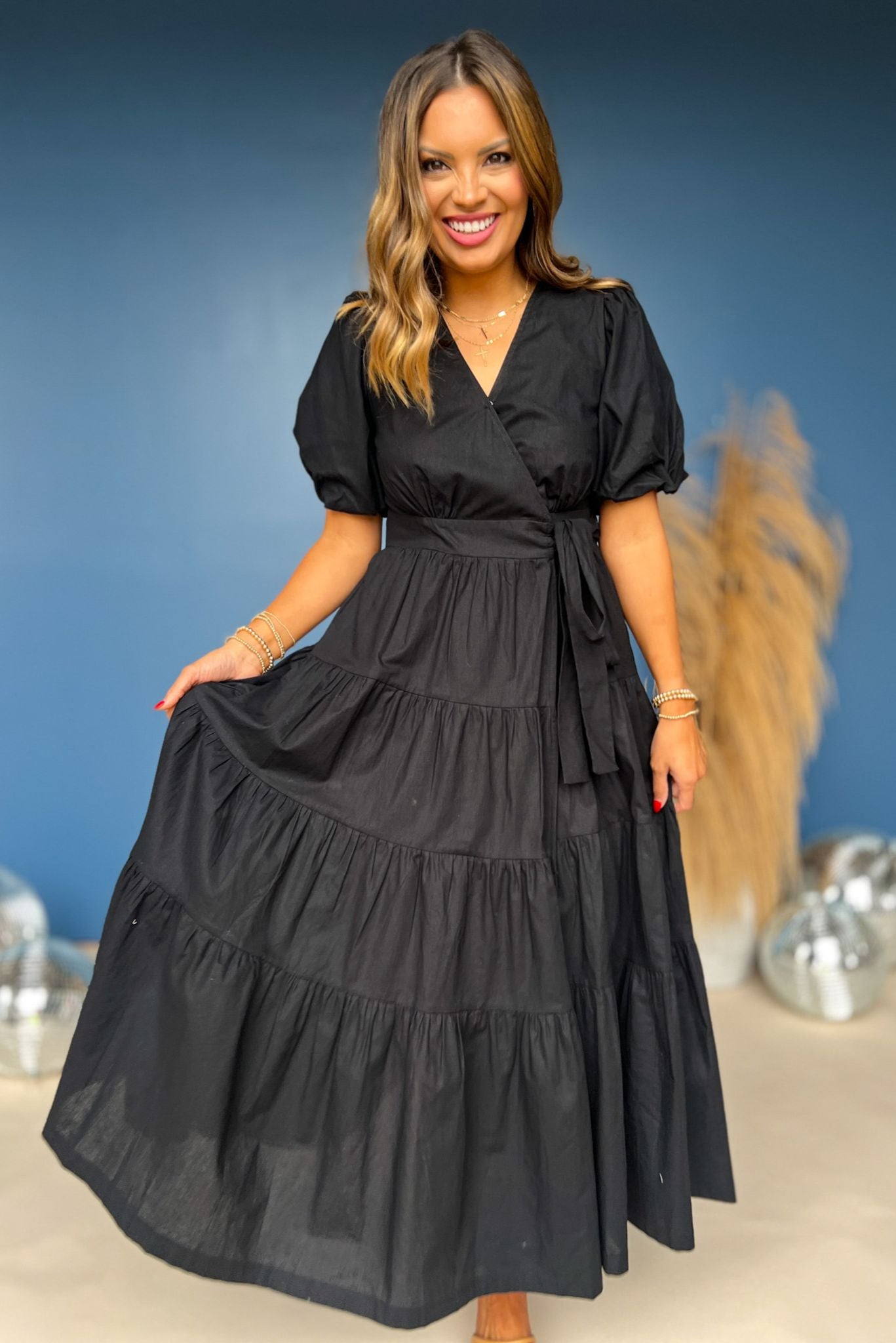 Black Puff Short Sleeve Wrap Midi Dress FINAL SALE