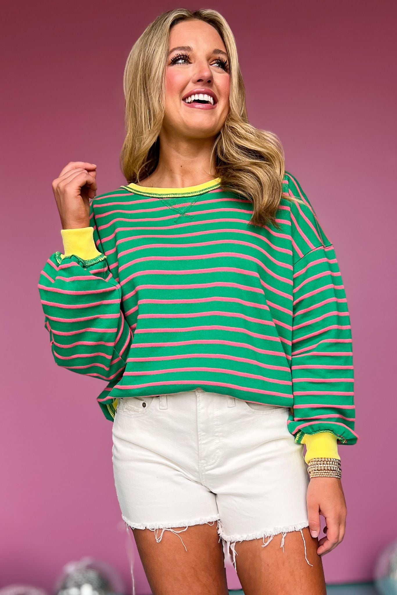 Green Knit Stripe Contrast Cuff Hem Top, top, knit top, long sleeve top, contrast cuff hem top, green top, green knit top, yellow contrast cuff sleeve, yellow contrast cuff hem, must have top, elevated top, elevated style, summer top, summer style, Shop Style Your Senses by Mallory Fitzsimmons, SSYS by Mallory Fitzsimmons