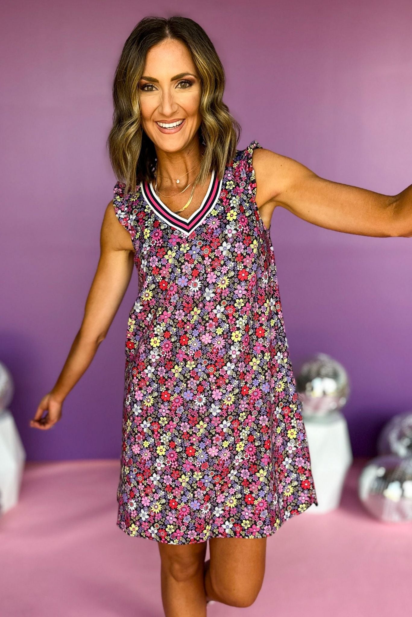SSYS Bright Retro Floral Scuba V Neck Active Dress With White Navy and Pink Stripe Trim, active dress, must have dress, must have active dress, stylish activewear, elevated active wear, mom style, elevated style, active style, shop style your senses by mallory fitzsimmons