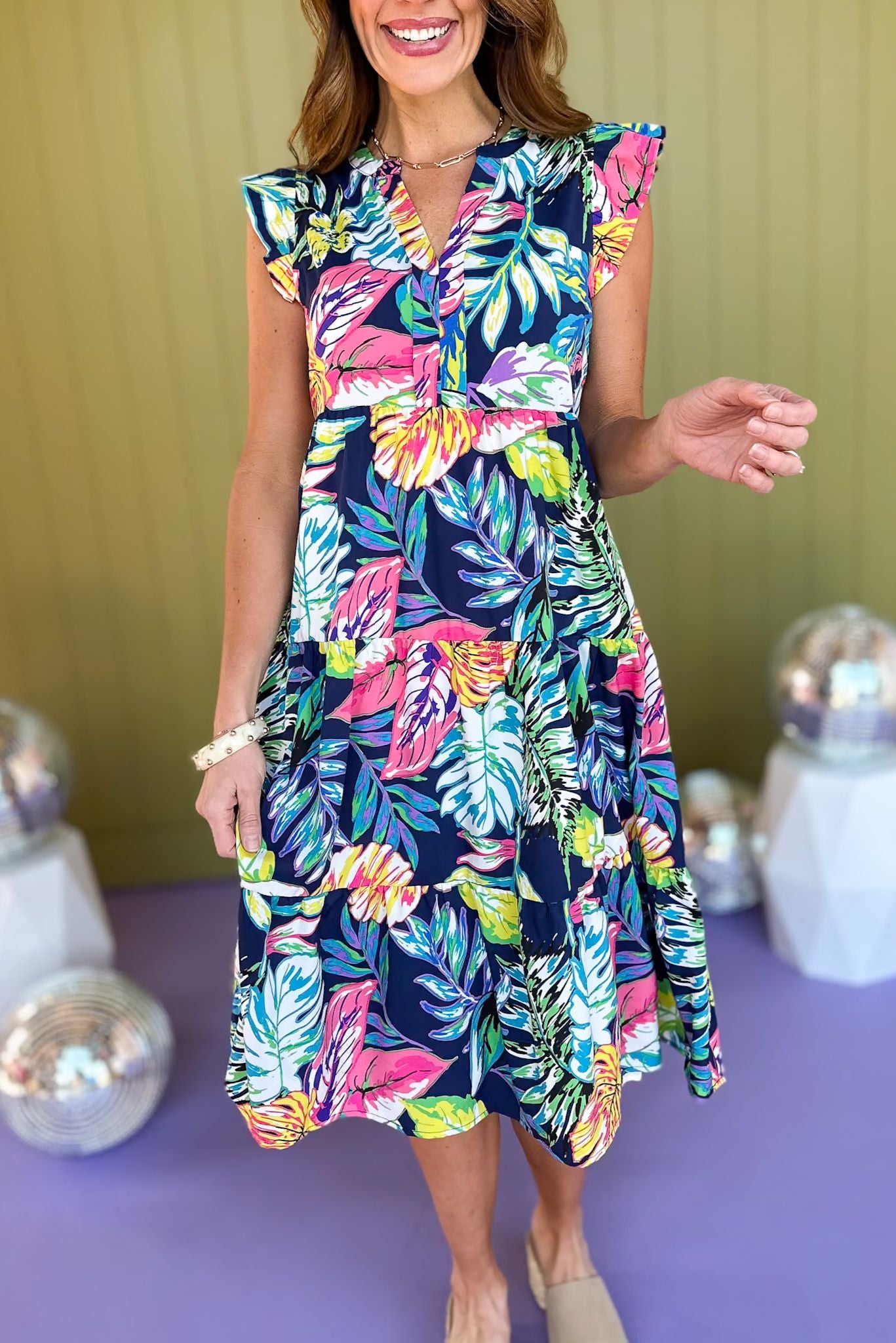 Navy Multi Floral V Neck Short Ruffle Sleeve Dress, floral dress, printed dress, must have dress, must have style, church style, spring fashion, elevated style, elevated dress, mom style, work dress, shop style your senses by mallory fitzsimmons, ssys by mallory fitzsimmons