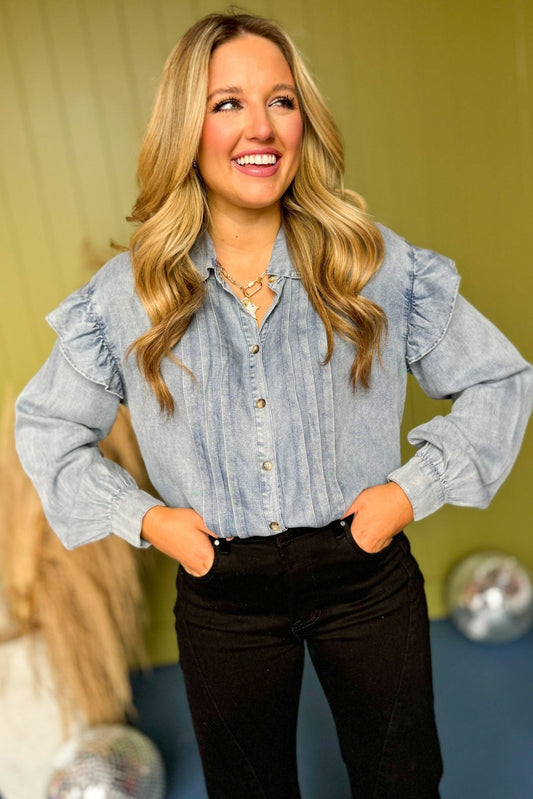 Light Blue Pin Tuck Detail Ruffle Shoulder Long Sleeve Tencel Top, must have top, must have style, fall style, fall fashion, elevated style, elevated dress, mom style, fall collection, fall top, shop style your senses by mallory fitzsimmons