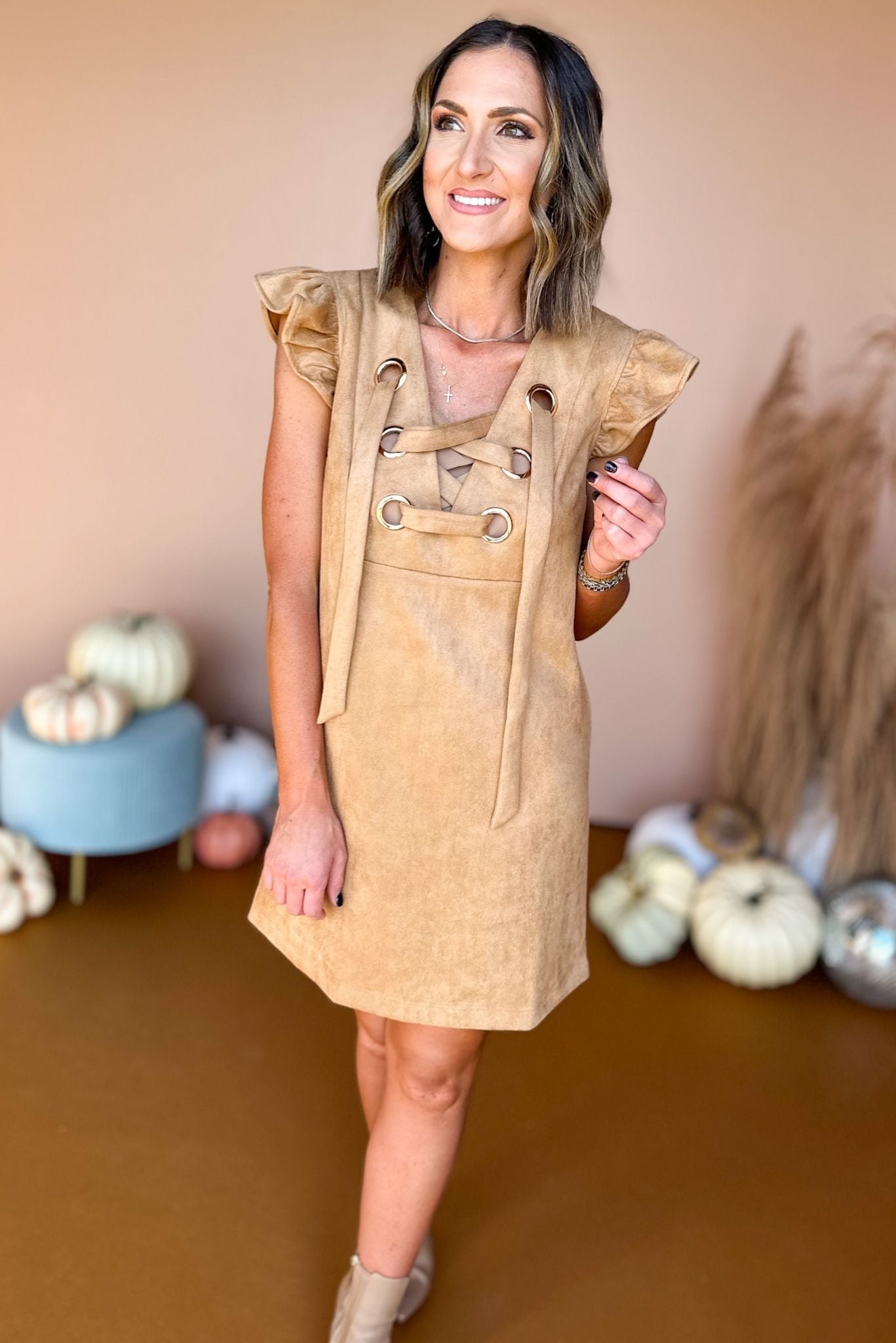 Taupe Lace Up Faux Suede Dress, must have dress, must have style, fall style, fall fashion, elevated style, elevated dress, mom style, fall collection, fall dress, shop style your senses by mallory fitzsimmons