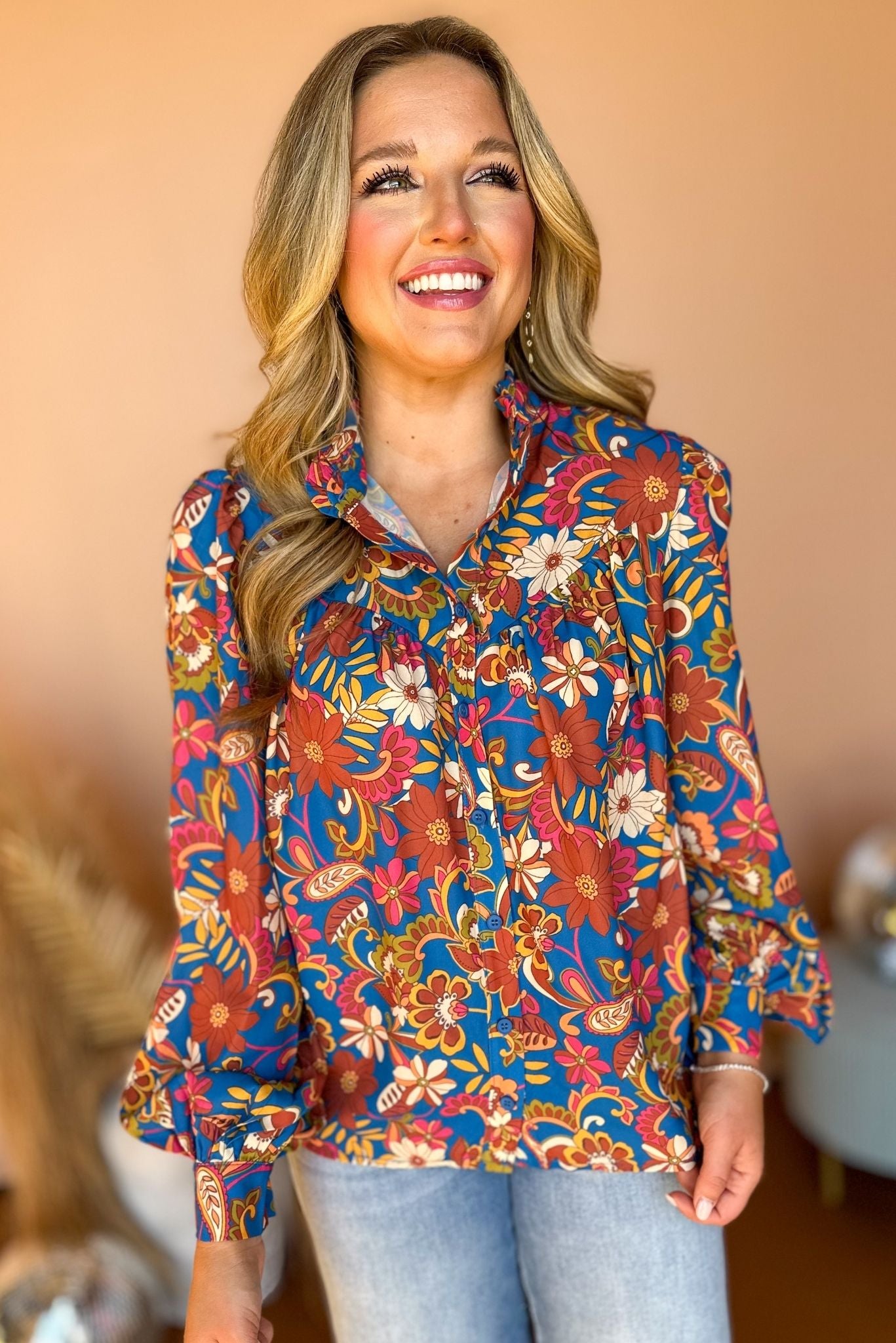 Blue Floral Printed Button Front Long Sleeve Top, must have top, must have style, must have fall, fall collection, fall fashion, elevated style, elevated top, mom style, fall style, shop style your senses by mallory fitzsimmons