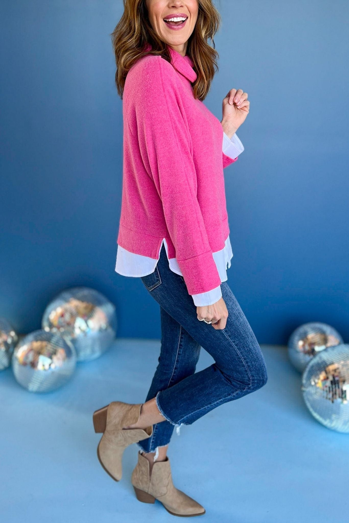 Hot Pink Turtle Neck Contrast Layered Top, must have top, must have style, winter style, winter fashion, elevated style, elevated top, mom style, winter top, shop style your senses by mallory fitzsimmons