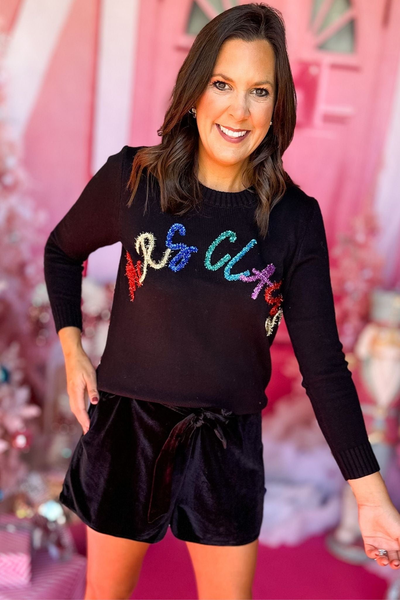 Black Mrs. Claus Glitter Script Sweater, must have sweater, must have style, fall style, fall fashion, elevated style, elevated dress, mom style, fall collection, fall sweater, shop style your senses by mallory fitzsimmons