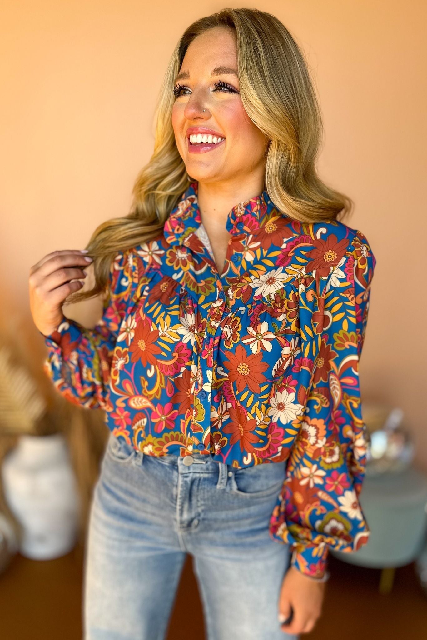 Blue Floral Printed Button Front Long Sleeve Top, must have top, must have style, must have fall, fall collection, fall fashion, elevated style, elevated top, mom style, fall style, shop style your senses by mallory fitzsimmons