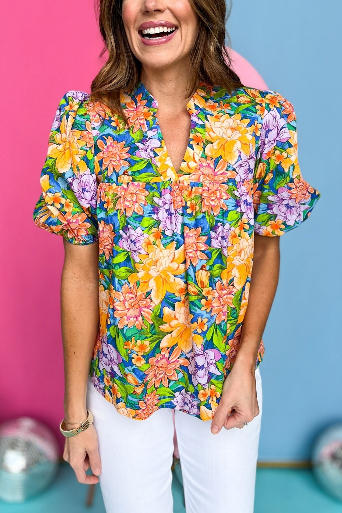 Yellow Multi Floral Print V Neck Puff Sleeve Top, floral top, must have top, must have style, brunch style, summer style, spring fashion, elevated style, elevated top, mom style, shop style your senses by mallory fitzsimmons, ssys by mallory fitzsimmons