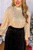 Gold Sequin Long Balloon Sleeve Top, must have top, must have style, elevated top, elevated style, holiday style, holiday fashion, elevated holiday, holiday collection, affordable fashion, mom style, shop style your senses by mallory fitzsimmons