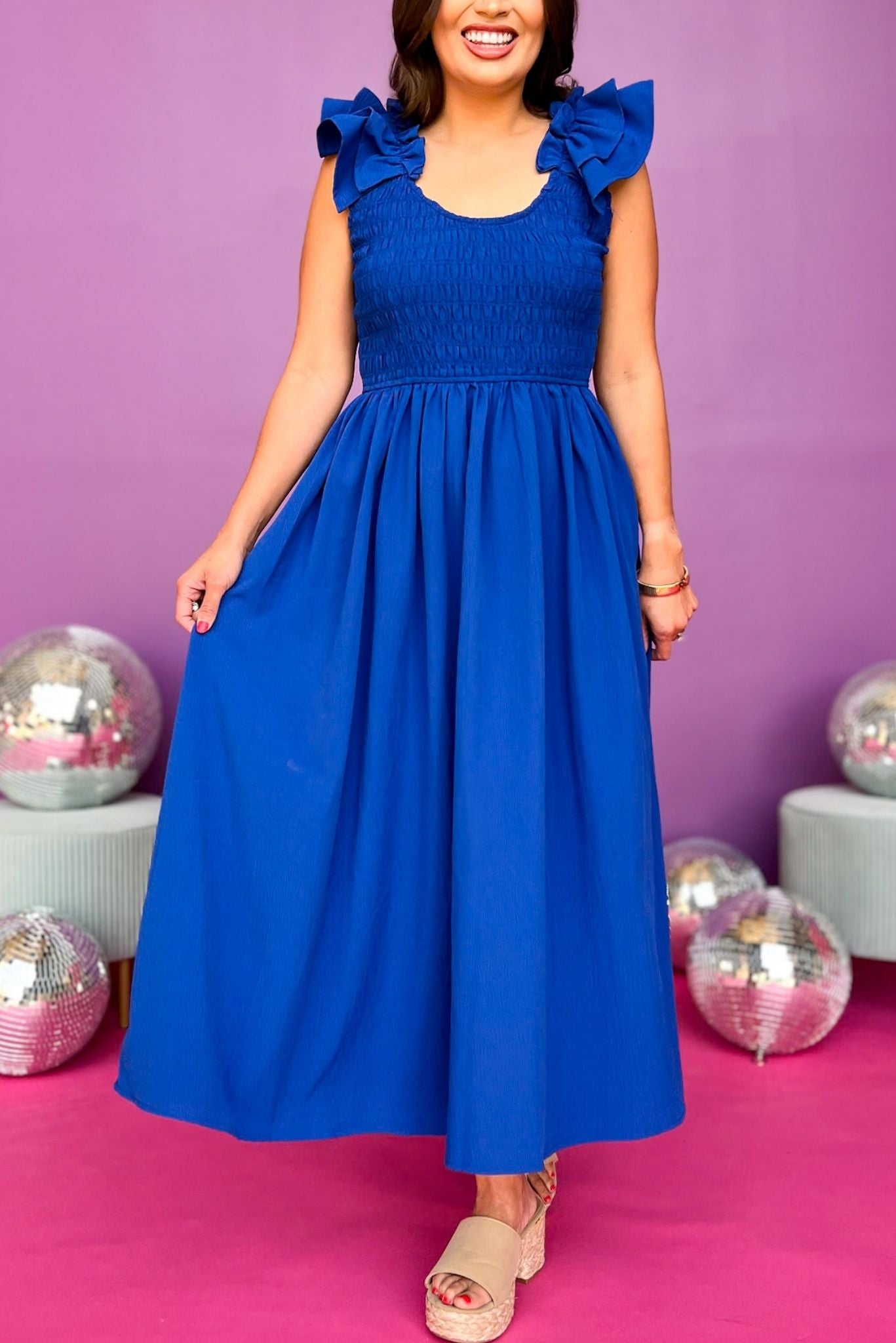 Royal Blue Smocked Ruffle Shoulder Midi Dress, ruffle shoulder detail, must have dress, must have style, weekend style, spring fashion, elevated style, elevated style, mom style, shop style your senses by mallory fitzsimmons, ssys by mallory fitzsimmons