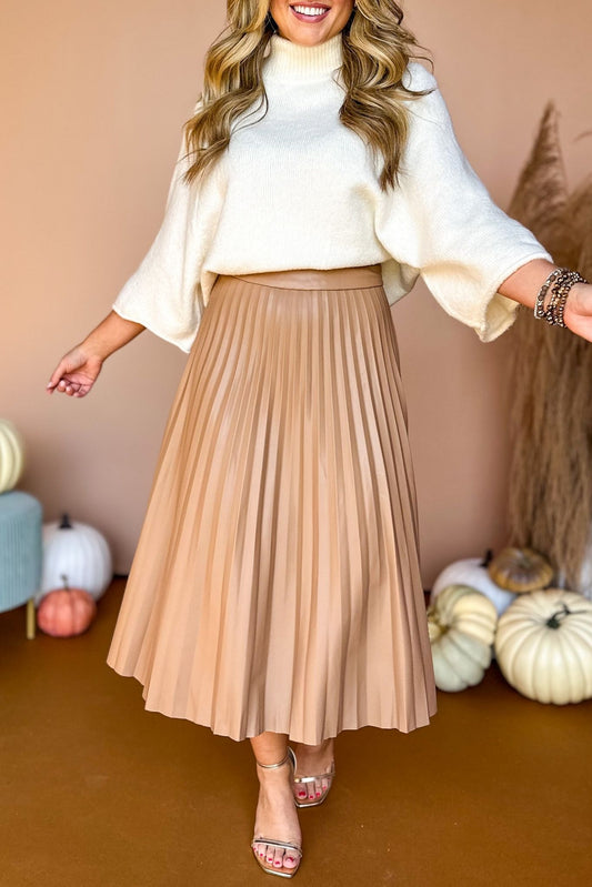  Camel Faux Leather Pleated Midi Skirt, must have skirt, must have style, elevated skirt, elevated style, elevated faux leather, faux leather skirt, must have fall, fall fashion, mom style, shop style your senses by mallory fitzsimmons