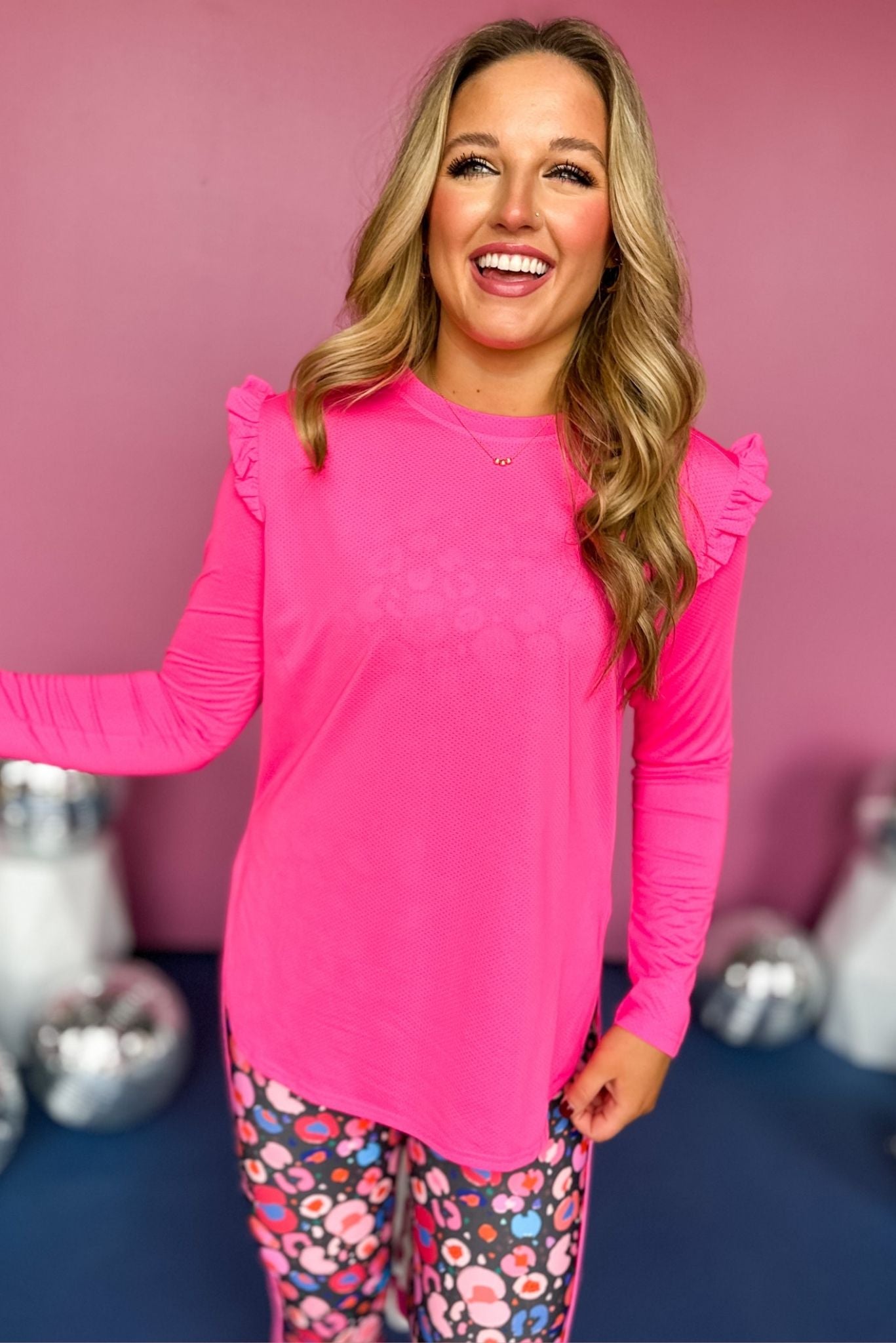 SSYS Hot Pink Long Sleeve Ruffle Hem Active Top, must have top, must have athleisure, elevated style, elevated athleisure, mom style, active style, active wear, fall athleisure, fall style, comfortable style, elevated comfort, shop style your senses by mallory fitzsimmons