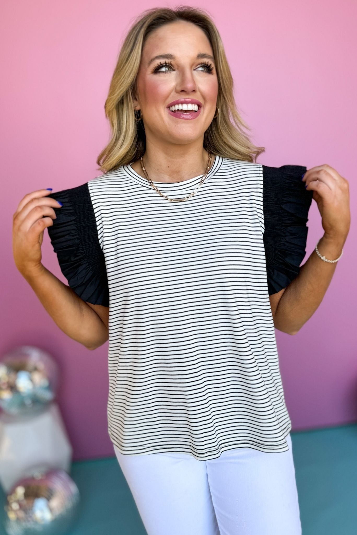 Black Striped U Neck Ruffle Frill Shoulder Top, striped top, ruffle shoulder, must have top, must have style, date night style, summer style, spring fashion, elevated style, elevated top, mom style, shop style your senses by mallory fitzsimmons, ssys by mallory fitzsimmons