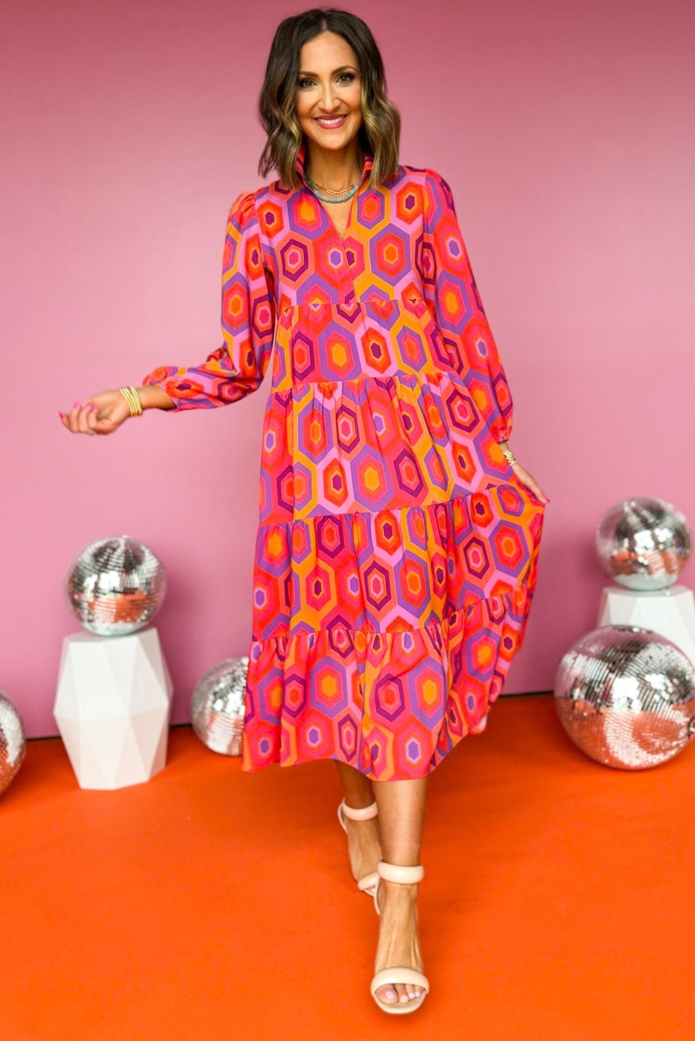 SSYS The Emery Midi Dress In Pink Orange Hexagon Print, ssys the label, must have dress, printed dress, church dress, elevated dress, midi dress, mom style, spring style, elevated style, shop style your senses by mallory fitzsimmons