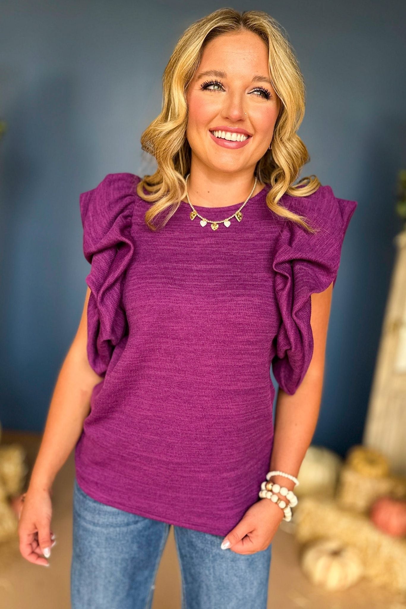 THML Purple Ruffled Puffed Short Sleeve Knit Top, must have top, must have style, must have fall, fall collection, fall fashion, elevated style, elevated top, mom style, fall style, shop style your senses by mallory fitzsimmons