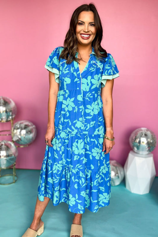  Blue Mix Collared V Neck Midi Dress, printed dress, tiered dress, midi dress, must have dress, must have style, weekend style, spring fashion, elevated style, elevated style, mom style, shop style your senses by mallory fitzsimmons, ssys by mallory fitzsimmons