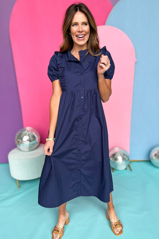  Navy Poplin Button Up Ruffle Puff Sleeve Dress, poplin dress, midi dress, must have dress, must have style, weekend style, spring fashion, elevated style, elevated dress, mom style, shop style your senses by mallory fitzsimmons, ssys by mallory fitzsimmons