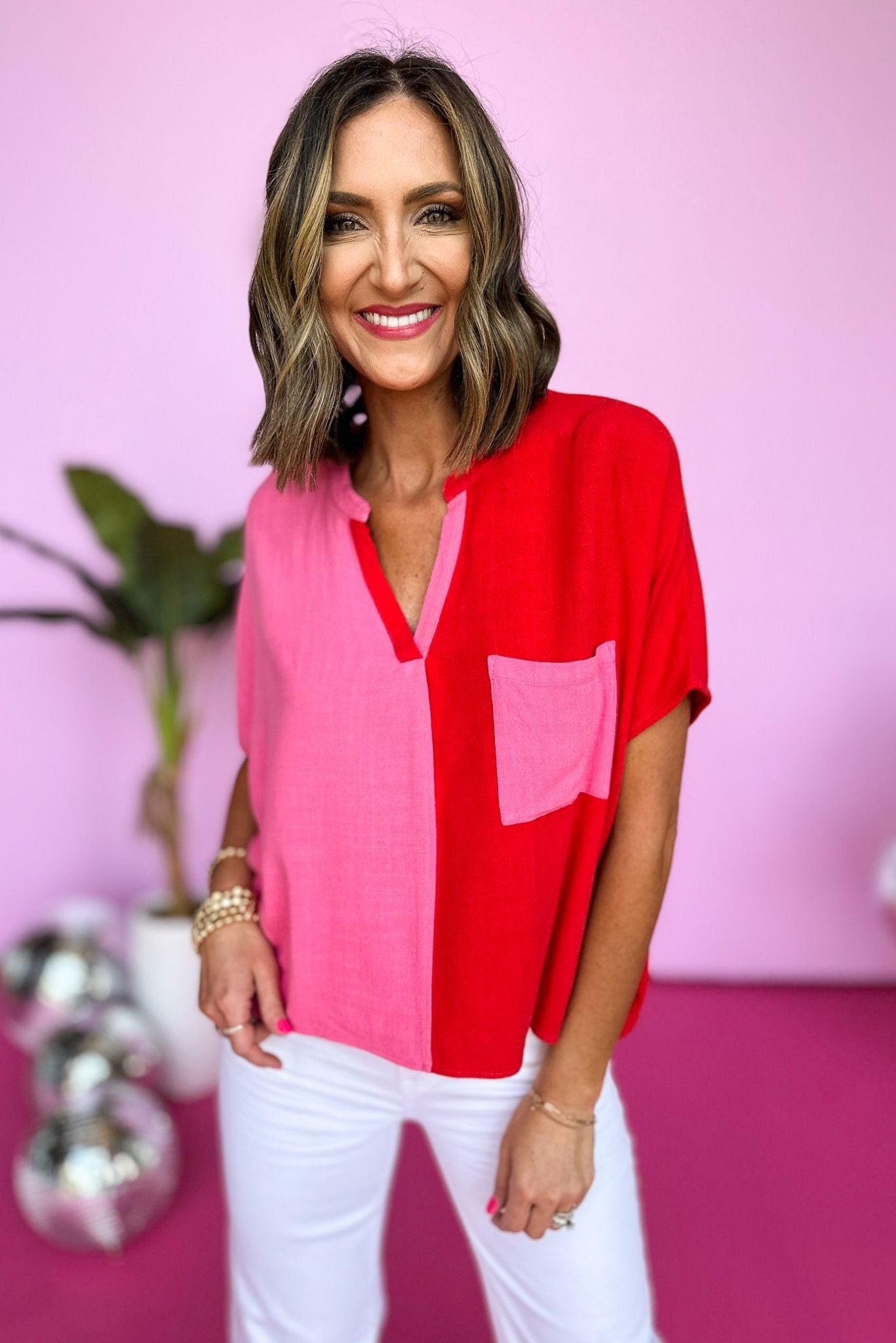Pink Colorblock Top Hot Pink Red Colorblock V Neck Pocket Top *FINAL SALE* – SSYS