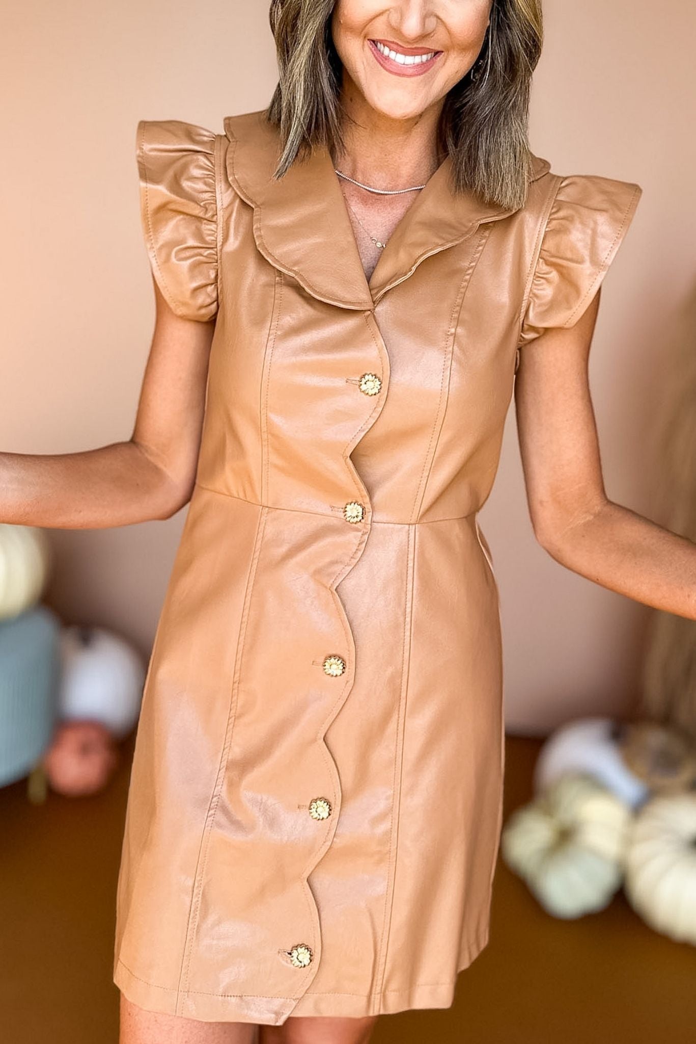 Taupe Scallop Collared Faux Leather Shirt Dress, must have dress, must have style, fall style, fall fashion, elevated style, elevated dress, mom style, fall collection, fall dress, shop style your senses by mallory fitzsimmons