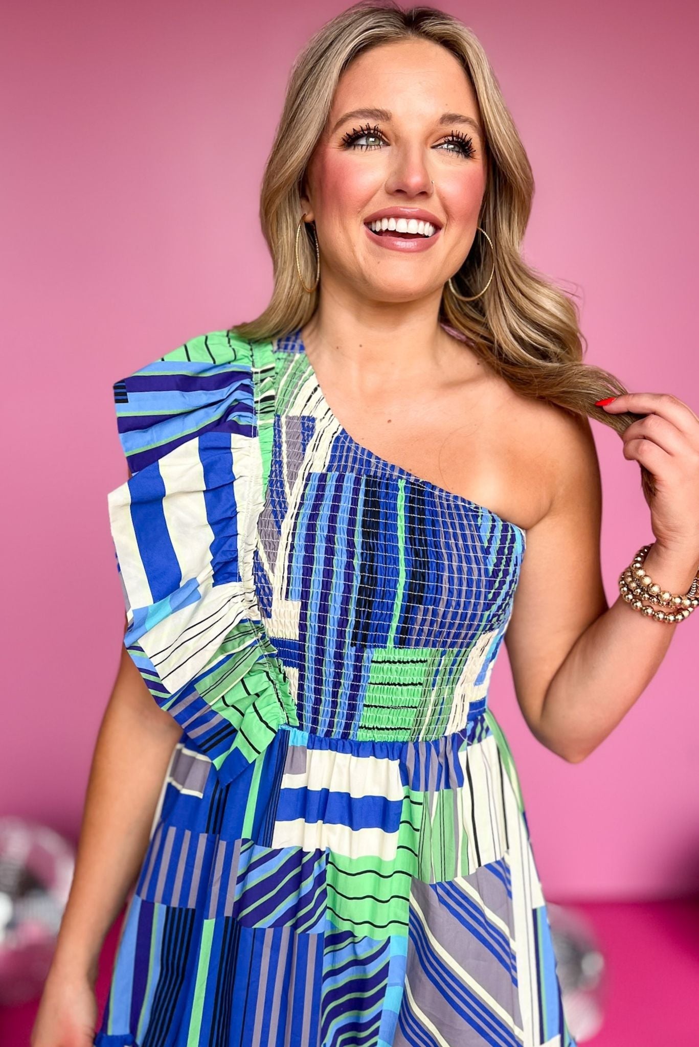 Blue Multi Abstract Print One Shoulder Ruffle Detail Midi Dress, must have dress, must have style, weekend style, brunch style, spring fashion, elevated style, elevated style, mom style, shop style your senses by mallory fitzsimmons, ssys by mallory fitzsimmons