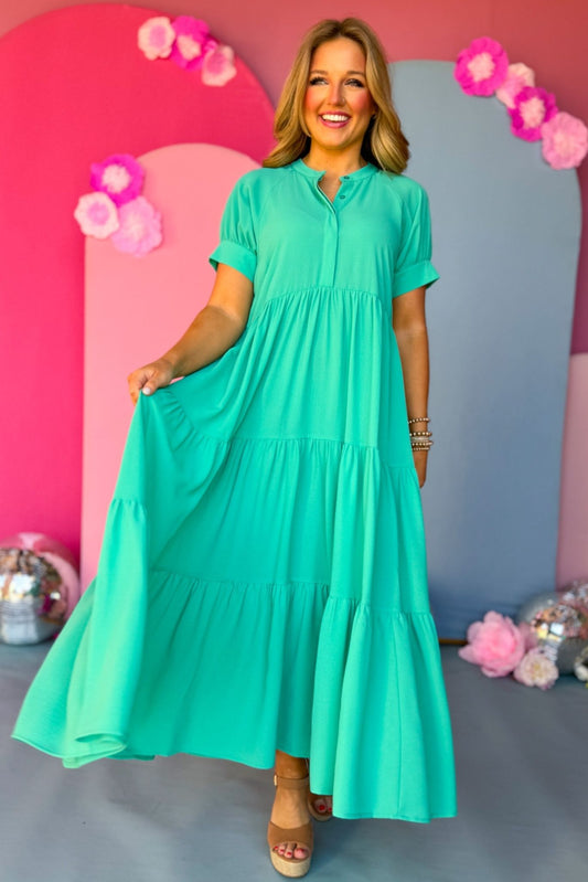 Emerald Button Front Tiered Short Sleeve Maxi Dress, maxi dress, must have dress, must have style, church style, spring fashion, elevated style, elevated dress, mom style, work dress, shop style your senses by mallory fitzsimmons