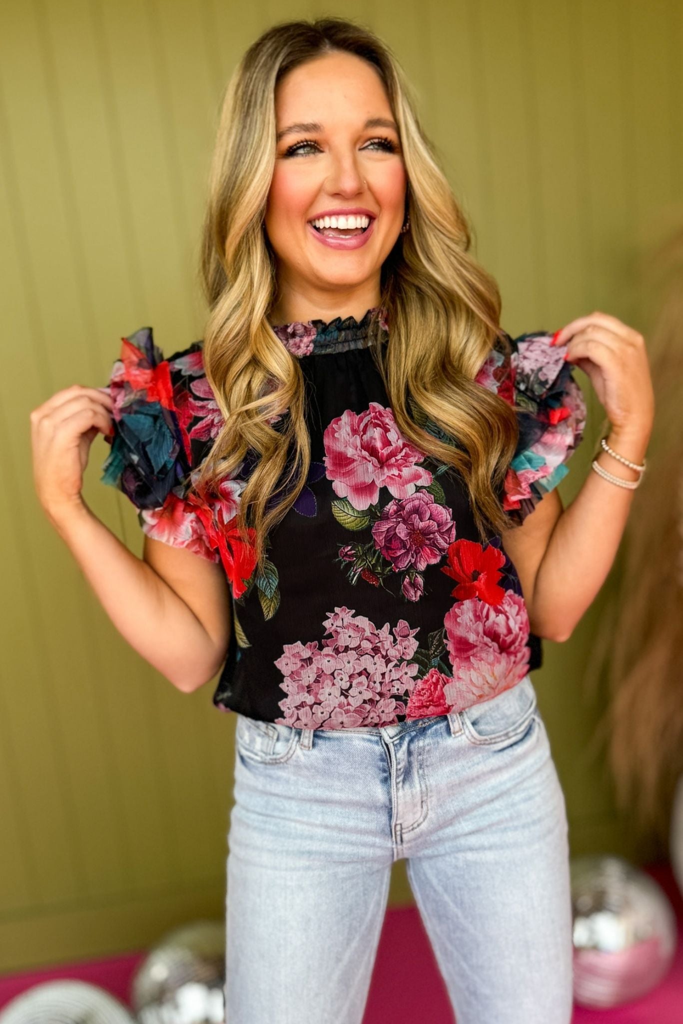 Black Floral Printed Mock Neck Ruffle Layered Sleeve Top, must have top, must have style, office style, winter fashion, elevated style, elevated top, mom style, work top, shop style your senses by mallory fitzsimmons