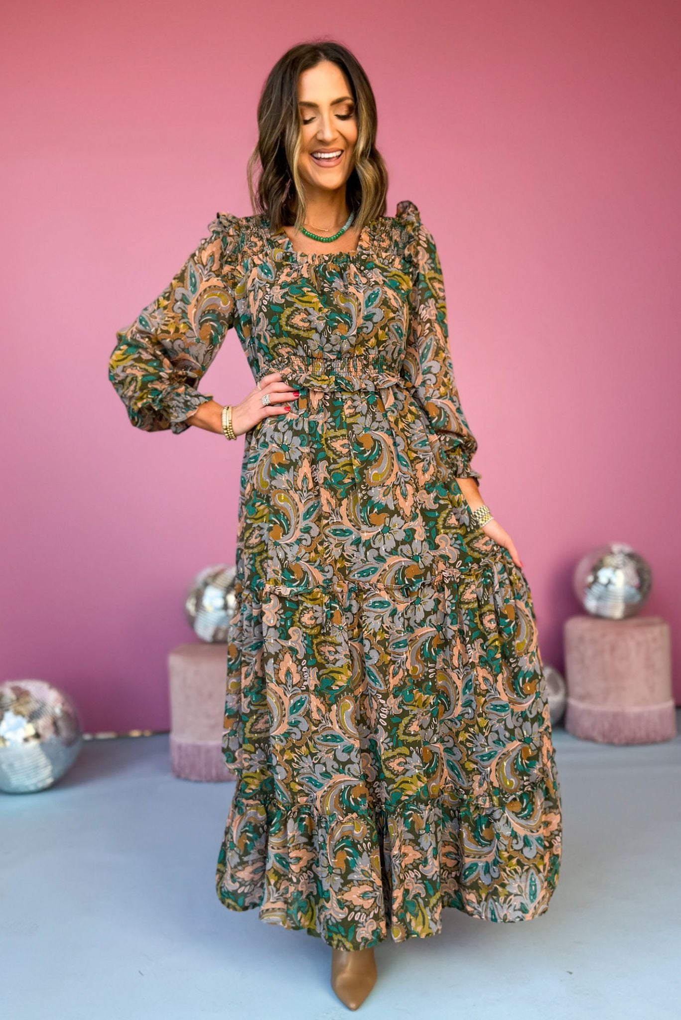 olive paisley printed square neck tiered smocked waist maxi dress, winter wardrobe, easy to wear, sunday best, mom style, shop style your senses by mallory fitzsimmons