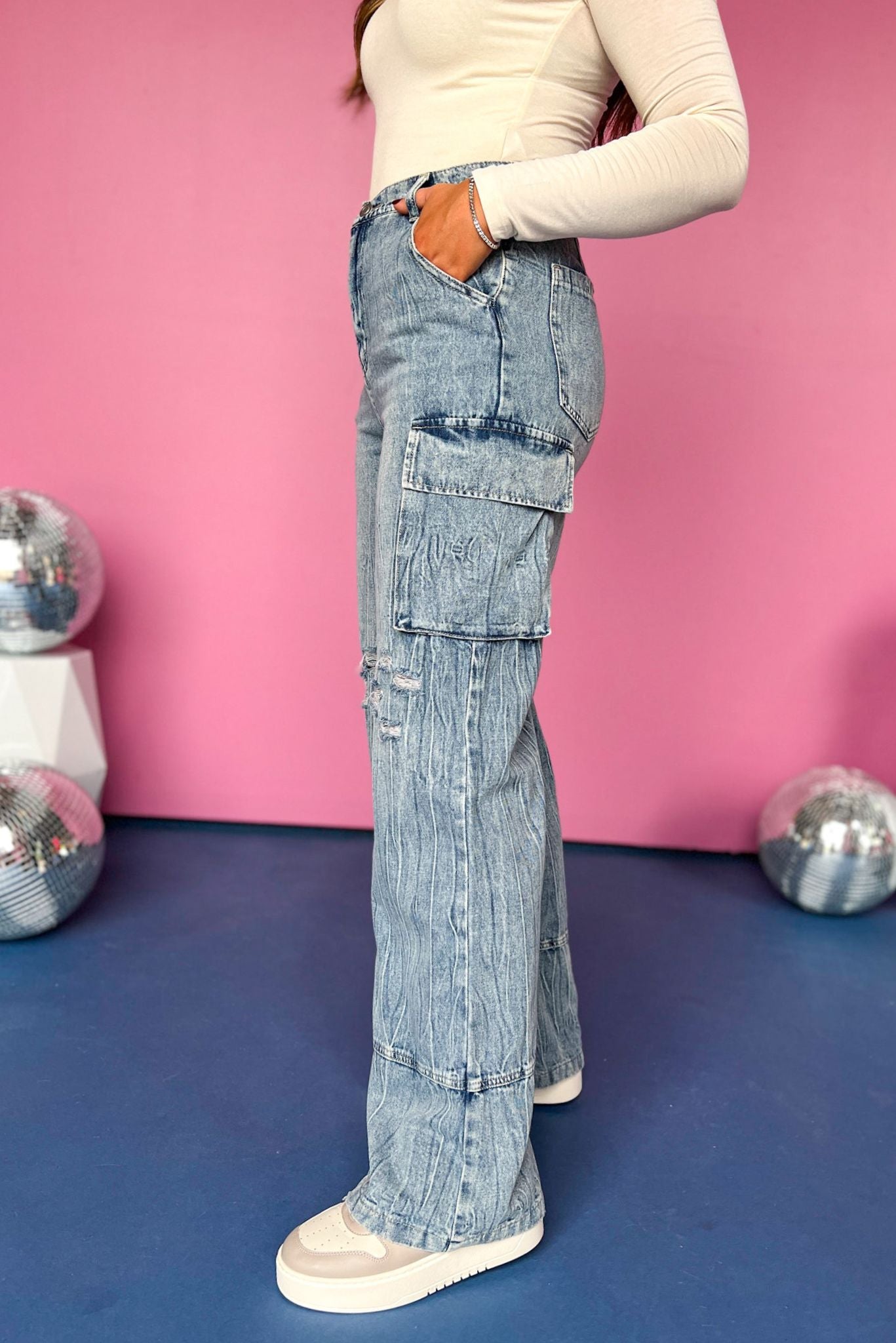 High Waisted Cargo Pants - Pink Wash