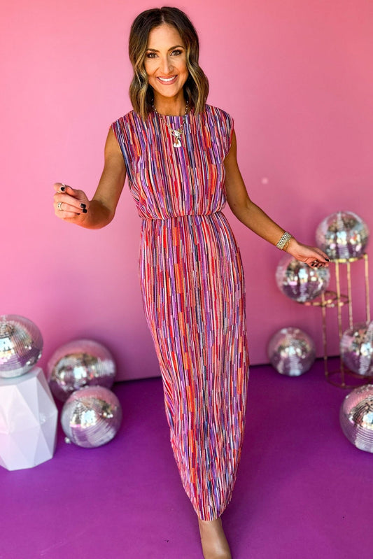 Purple Striped Printed Ribbed Pleating Sleeveless Maxi Dress, must have dress, must have style, fall style, fall fashion, elevated style, elevated dress, mom style, fall collection, fall dress, shop style your senses by mallory fitzsimmons