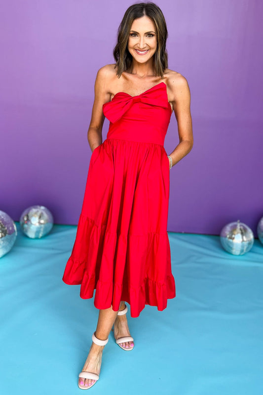 Red Front Bow Detail Tiered Midi Dress, bow dress, red dress, must have dress, must have style, weekend style, brunch style, spring fashion, elevated style, elevated style, mom style, shop style your senses by mallory fitzsimmons, ssys by mallory fitzsimmons
