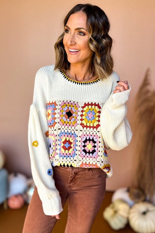  Cream Multi Patchwork Crochet Sweater, must have sweater, must have style, must have fall, fall collection, fall fashion, elevated style, elevated sweater, mom style, fall style, shop style your senses by mallory fitzsimmons