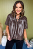  Brown Faux Leather Button Front Pleat Short Sleeve Top, must have top, must have style, fall style, fall fashion, elevated style, elevated top, mom style, fall collection, fall dress, shop style your senses by mallory fitzsimmons