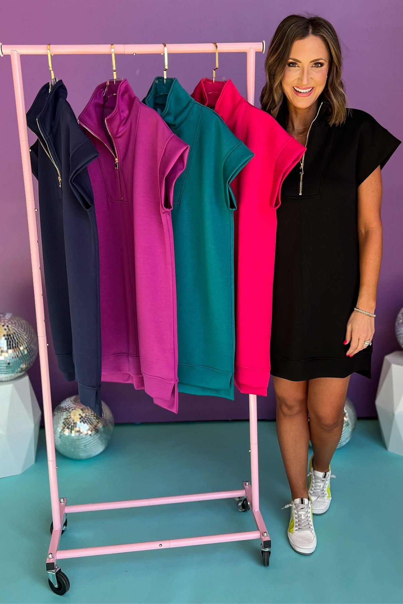 SSYS The Taylor Air 3/4 Zip Dress In Fuchsia, ssys the label, air dress, air fabric, must have dress, spring fashion, affordable fashion, elevated dress, shop style your senses by mallory fitzsimmons, ssys by mallory fitzsimmons