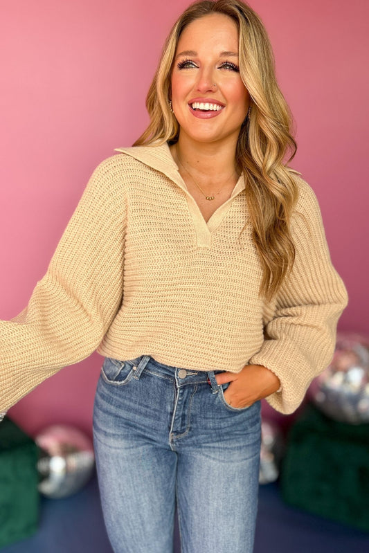 Light Taupe Split Neck Collared Long Sleeve Sweater, must have sweater, must have style, must have fall, fall collection, fall fashion, elevated style, elevated sweater, mom style, fall style, shop style your senses by mallory fitzsimmons