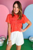 Orange Collared Frill Detail Shoulder Short Sleeve Button Down Top, orange top, button down top, must have top, must have style, summer style, spring fashion, elevated style, elevated top, mom style, shop style your senses by mallory fitzsimmons, ssys by mallory fitzsimmons  Edit alt text